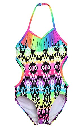 Attraco Little Big Girls Fringe Hollow-Out Rainbow Wave Stripe One Piece Swimsuit