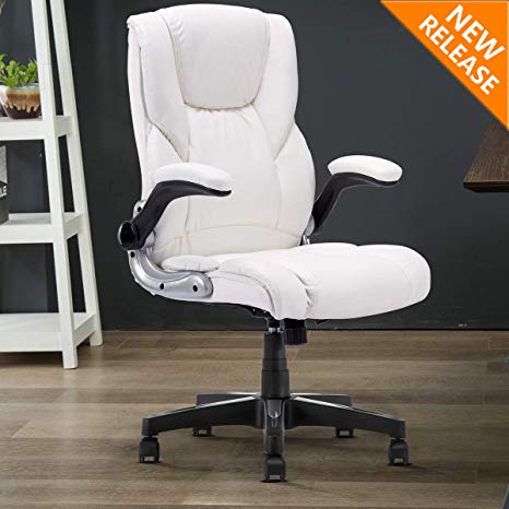 B2C2B High Back Ergonomic Home Office Chair - Leather Computer Executive Desk Chair Modern Racing Chair Adjustable with Flip-up Arms Lumbar Support 280lbs White