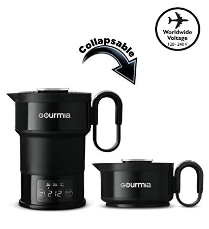 Gourmia GDK368 Digital Electric Collapsible Travel Kettle - Foldable & Portable - Dual Voltage - 3 Function- Boils, Keeps Warm & Self Cleans - Fast Boil - Water Heater For Coffee, Tea & More - Food Grade Silicone - Boil Dry Protection - 20 oz capacity - Black