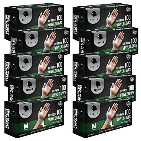 Gorilla Supply 1000 Vinyl Gloves M Case Powder Free(100 of 10)Latex Free Extra Strong Food, Medium