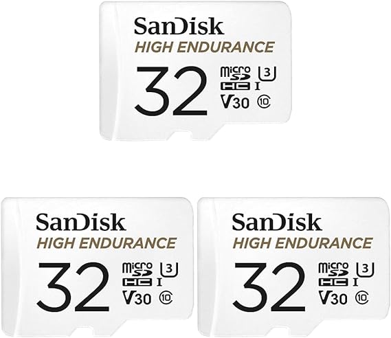 SanDisk HIGH ENDURANCE Video Monitoring for Dashcams & Home Monitoring 32 GB microSDHC Memory Card   SD Adaptor, Up to 100 MB/s read and 40 MB/s Write, Class 10, U3, V30, White (Pack of 3)