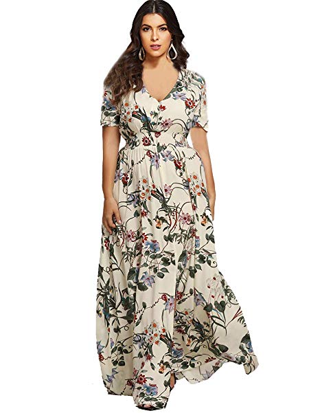 Romwe Women's Bohemian Floral Print Buttons Short Sleeve Split Long Maxi Dress