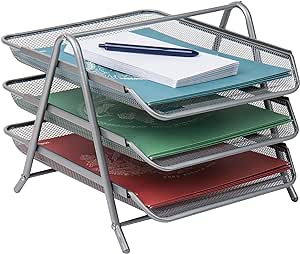 Mind Reader 3-Tier Paper Tray, Desktop Organizer, File Storage, Office, Metal Mesh, 11.5"L x 13.75"W x 10"H, Silver