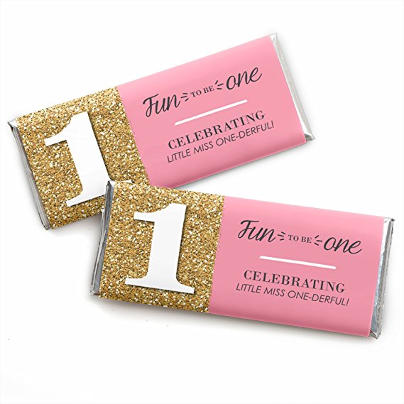 1st Birthday Girl - Fun to be One - Candy Bar Wrappers Birthday Party Favors - Set of 24