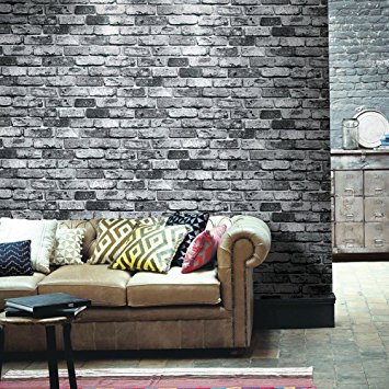 HaokHome 69092 PVC Vinyl Retro Vintage Faux Brick Wallpaper Black for Home Bar Wall Decoration Wall Paper 20.8" x 393.7"
