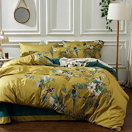 mixinni Bird Duvet Cover Twin XL Garden Floral Duvet Cover Cotton Flowers on Yellow Bedding Set Girls Bedding Comforter Cover for Teen Girls 1 Duvet Cover with 2 Pillowcases-Twin XL Size