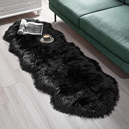 BAYKA Faux Sheepskin Fur Area Rug, Luxury Fluffy Area Rug, Soft Furry Carpet Rug for Bedroom, Children’s Room, Decor Rug 2.1x6 Feet, Dark Black