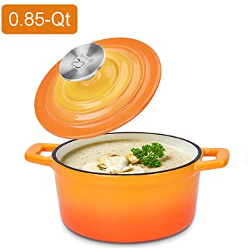 Small Dutch Oven - Enamel Cast Iron Enamel Coating Cookware Casserole with Lid - 0.85 Quart (5.91 Inch) Sunset Orange Cocotte Versatile Saucepan with Lid Stew Pot