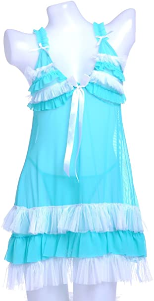 Anna-K S/M Fit Blue with White Tiered Ruffle Cups and Hem V Neck Negligee