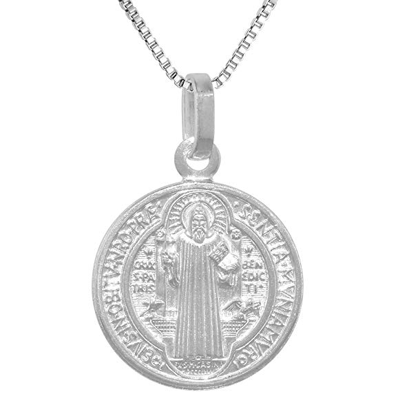 Sterling Silver St Benedict Medal 3/4 inch Round Italy 0.8mm Chain