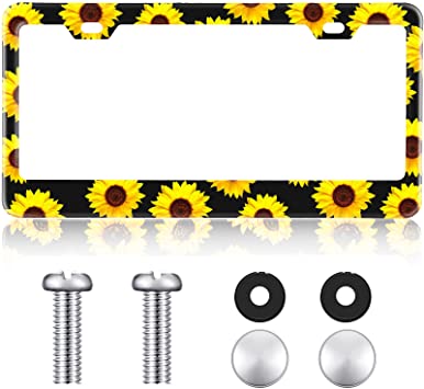 BBTO Sunflower Themed License Plate Cover Aluminum Metal License Plate Holder Frame Tag with Yellow Sunflowers Decorative Design for Any Vehicles, Weather Proof (1 Set)