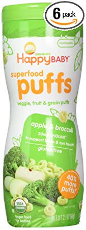Happy Baby Organic Superfood Puffs Apple & Broccoli, 2.1 Ounce Canister (Pack of 6) Organic Baby or Toddler Snacks, Crunchy Fruit & Veggie Snack, Choline to Support Brain & Eye Health