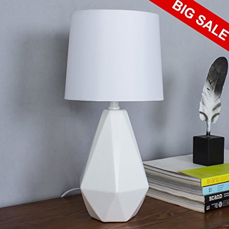 SOTTAE Modern Resin White Irregular Geometric Livingroom Bedroom Bedside Table Lamp, Desk Lamp With White Fabric Shade