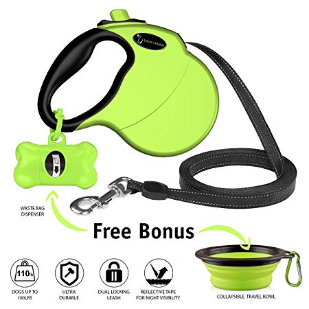 Ruff 'n Ruffus Retractable Dog Leash with Free Waste Bag Dispenser and Bags   Bonus Bowl | Heavy-Duty 16ft Retracting Pet Leash | 1-Button Control | Durable Leash for Medium Large Dogs Up to 110lbs