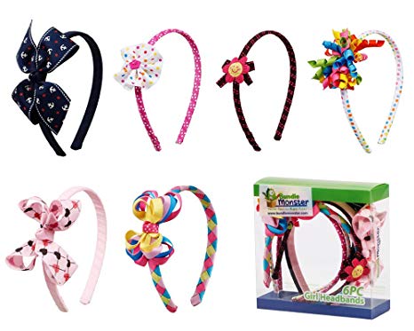 Bundle Monster 6pc Cute Handmade Grosgrain Ribbon Bows Toddler Girl Hair Headbands, SET B - Assorted Mix Lot Set