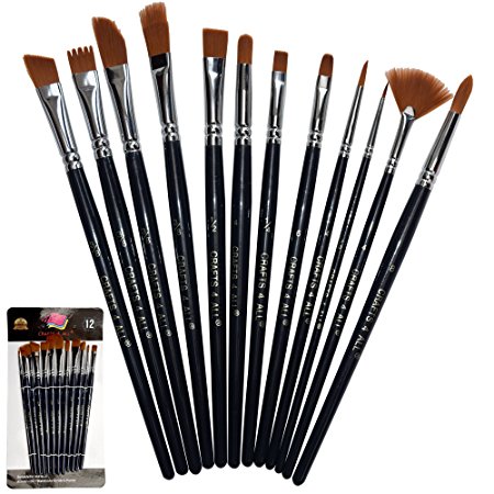 Paint Brushes 12 Pieces Set Professional Paint Brush Round Pointed Tip Nylon Hair artist acrylic brush for Acrylic Watercolor Oil Painting by Crafts 4 ALL (12)