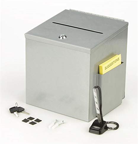 Displays2go Metal Suggestion Box, Donation Box with Locking Door and Side Pocket for Tabletop or Wall, Silver (BDSUGSLV)
