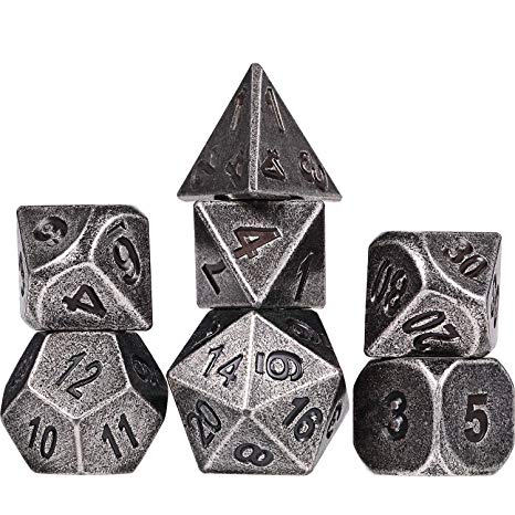 Frienda Zinc Alloy Metal Polyhedral 7-Die Dice Set for Dungeons and Dragons RPG Dice Gaming D&D Math Teaching, d20, d12, 2 Pieces d10 (00-90 and 0-9), d8, d6 and d4 (Silver Bronze)