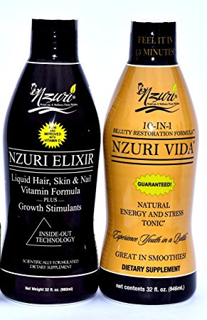 Nzuri Elixir Liquid Hair Vitamins Hair Regrowth 32 Oz Bottle   Nzuri Vida Energy and Stress Tonic 30 Oz Bottle - The Perfect Duo