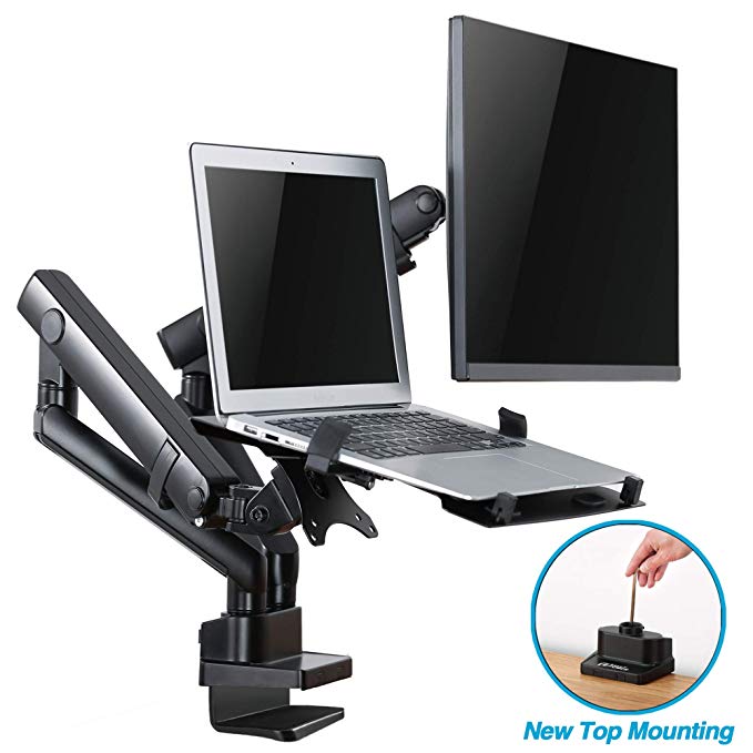 AVLT-Power Dual 32" Monitor Mount with 15.6" Laptop Holder Stand - Two Height Adjustable Mechanical Spring Arms Holds 17.6 lbs VESA Compatible Screens and 10 lbs Notebook New Top Mounting Premium Alum
