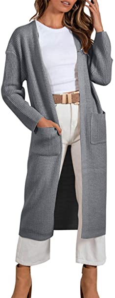ZESICA Women' Long Sleeve Open Front Waffle Knit Lightweight Long Maxi Cardigan Sweater Outwear with Pockets