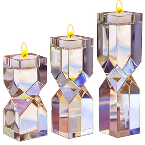 Le Sens Amazing Home Large Crystal Candle Holders Set of 3, 4.6/6.2/7.7 inches Height, Elegant Heavy Solid Square Diamond Cut Tealight Holders Sets, Centerpieces for Home Decor and Wedding