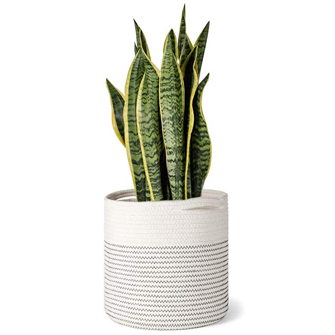 Mkono Cotton Rope Plant Basket Modern Floor Indoor Planter Up to 10" Flower Pot Woven Storage Organizer with Handles Home Decor, 11" x 11"