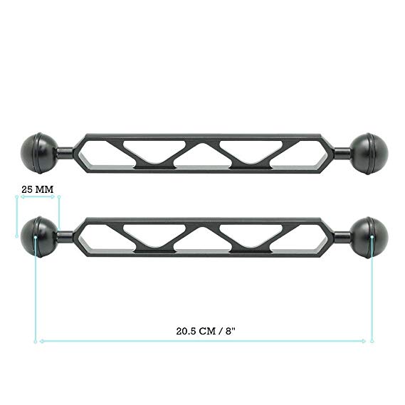 8" / 20.5cm Double 1" Ball Full aluminum Arm Ver. X for connecting strobe/video light to underwater tray/handle ( 2 PCS )