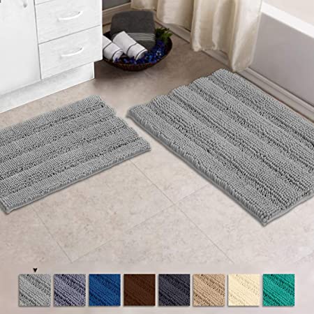 Zebrux Non Slip Thick Shaggy Chenille Bathroom Rugs, Bath Mats for Bathroom Extra Soft and Absorbent - Striped Bath Rugs Set for Indoor/Kitchen (Rectangular Set, Light Grey)