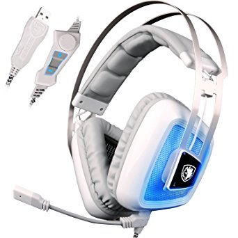SADES A8 7.1 Surround Sound Stereo Over the Ear PC USB Gaming Headphones with Microphone Vibration Noise Canceling LED Light (White)