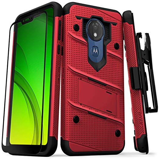 ZIZO Bolt Series Moto g7 Supra Case Military Grade Drop Tested with Full Glass Screen Protector Holster Kickstand g7 Power Red Black