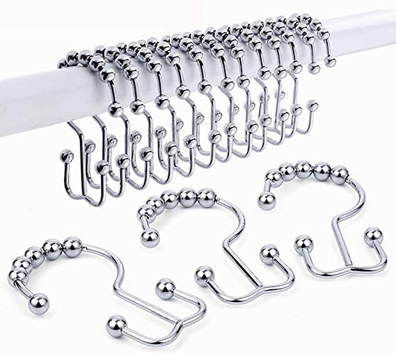 Shower Curtain Hooks Rings, Rust-Resistant Metal Double Roller Glide Shower Hooks for Bathroom Shower Rods Curtains, Set of 12 Chrome Rings