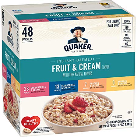 Quaker Instant Oatmeal Fruit and Cream Variety Pack, Breakfast Cereal ( 48 Count of 1.05 oz Packets), 50.7 oz (Packaging Will Vary)