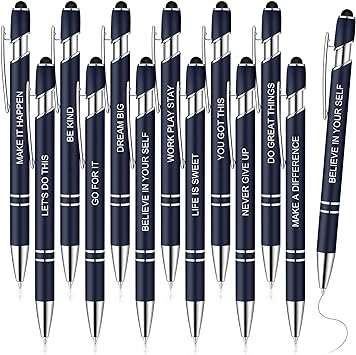 Zonon 12 Pieces Quotes Pen Inspirational Ballpoint Pen with Stylus Tip Motivational Messages Pen Metal Inspirational Pen Set Metal Black Ink Pens Stylus Pen (Motivational Style, Navy)