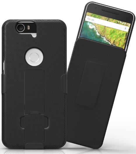 Nexus 6P Case: Stalion® Secure Shell & Belt Clip Holster Combo with Kickstand for Huawei Google Nexus 6P (Jet Black) 180° Rotating Locking Swivel