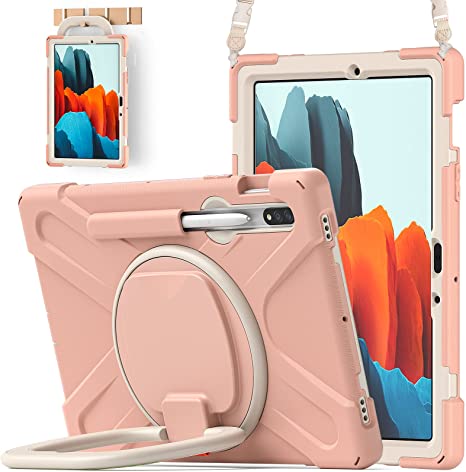 BATYUE Samsung Galaxy Tab S7 (2020) Case Shockproof Protective Rugged Case with [Pencil Holder][Rotating Portable Bracket][Shoulder Strap] 11-inch Protective Cover SM-T870 /T875 /T876 (Rose Gold)