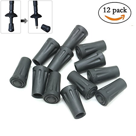 12Pcs Replacement Rubber Tip Protector Flex Walk Tip - Fits All Standard Hiking, Trekking, Walking Poles,Black