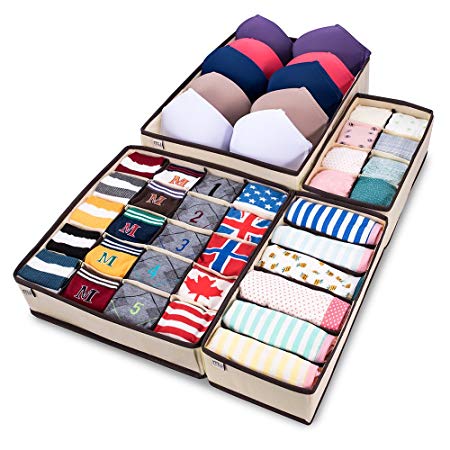 MIU COLOR Foldable Closet Underwear Organizer Drawer Divider Storage Boxes Under Bed Organizer 4 Set for Underwear, Bras, Socks, Ties, Scarves