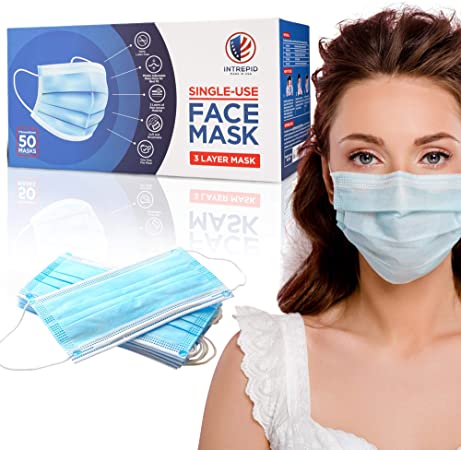 Intrepid USA Made Disposable Face Masks - 3Ply Single Use Face Mask 50-Pack Protective 3- Layer Face Covering with Comfy Earloop Straps - Soft and Breathable facial Covers with Adjustable Nose Bridge
