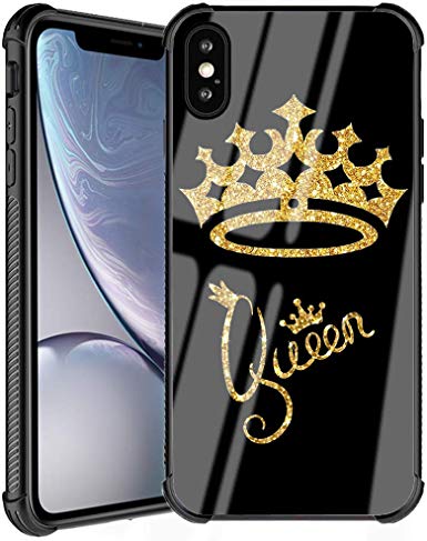 iPhone Xs Max Case, Queen Golden Crown Pattern Gold Glitter Stylish Design Slim Fit Luxury Tempered Glass Glossy Black Cover with Soft Silicone TPU Shockproof Bumper Case for Apple iPhone Xs Max