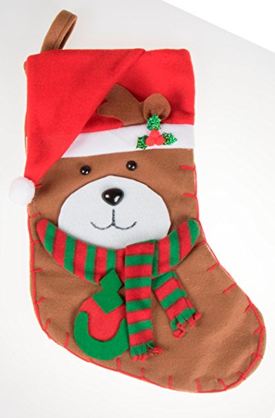 Unique Bear Hanging Christmas Stocking | Soft Plush Cloth For Kids, Teens, and Adults | Cute Brown Bear Holiday Decor Theme | Perfect for Small Gifts, Stocking Stuffers, and Candy | 16" Tall