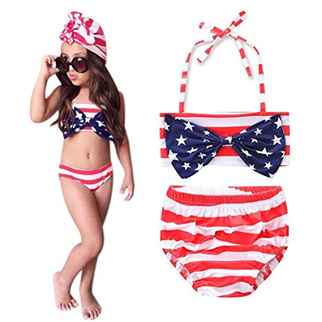 Sagton American Flag Pattern Kids Toddler Girls Swimsuit Set Swimwear Bathing Suit Bikini 2PCS