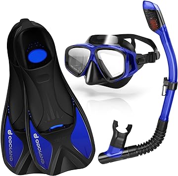 Odoland Snorkeling Package,Snorkel Set with Dry Top Diving Mask Fins for Adults & Youth, Panoramic View Mask Fins with Travel Bag, Anti-Fog & Anti-Leak Scuba Diving Gear for Men Women