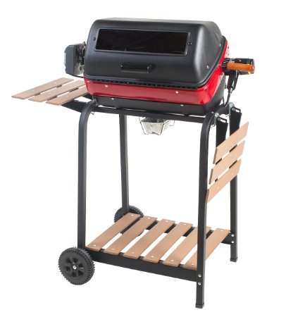Easy Street Electric Cart Grill with two folding composite-wood side tables shelf and rotisserie