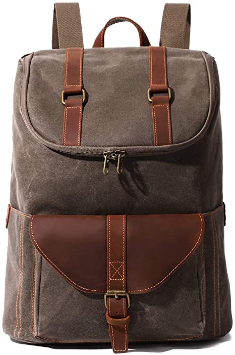 Canvas Leather Backpack - Vintage Laptop Satchel Daypack for Men Casual Campus Bag Rucksack for Travelling Hiking Outdoor Sports (Army Green)