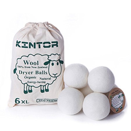 Wool Dryer Balls XL 6-Pack Reusable, Hypoallergenic 100% Organic Fabric Softener Alternative,Baby Safe & Unscented,Reduce Wrinkles & static cling, Shorten Drying Time, Natural Handmade by Kintor (XL)