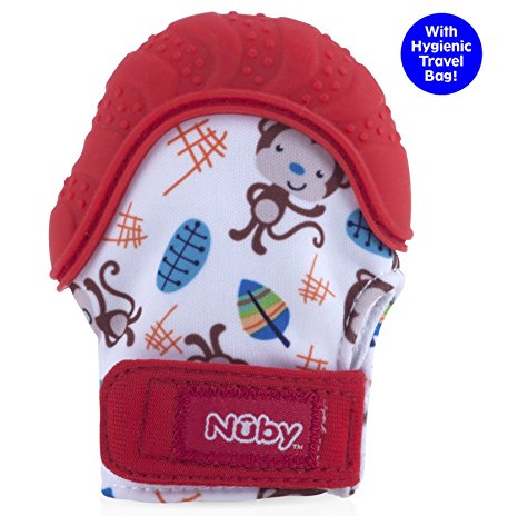 Nuby Soothing Teething Mitten with Hygienic Travel Bag, Red