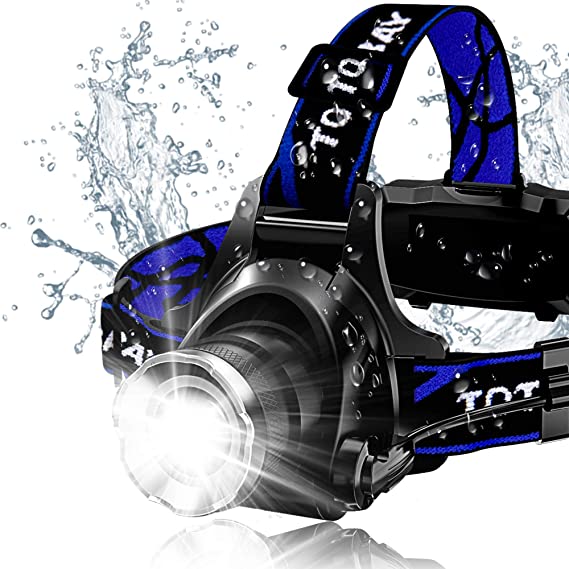 Headlamp, Super Bright LED Headlamps 18650 USB Rechargeable IPX4 Waterproof Flashlight with Zoomable Work Light, Hard Hat Light for Camping, Hiking, Outdoors (Blue)