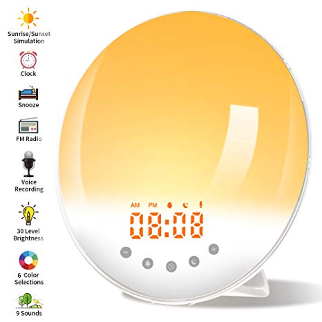 Wake Up Light, Nature Sunrise Simulation Alarm Clock, Recording Function, Snooze Function, 6 Colors Atmosphere Lamp, 9 Nature Sounds and FM Radio Clock for Kids Adults Bedrooms