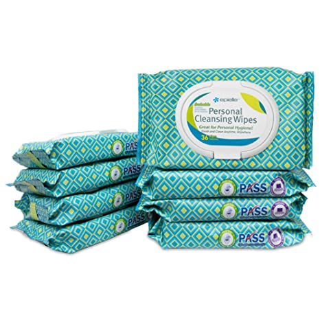 Epielle Personal Cleansing Wipes with Natural Ingredients - Flushable Tissues Towelettes Travel Size, Daily Use, Gentle - 36ct Sheets per pack, Total 8 packs